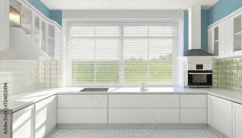 kitchen with white window blinds photo
