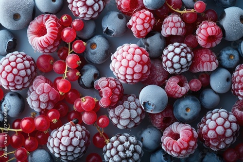 Close up view of assorted frozen berries including black currant red currant raspberry and blueberry photo