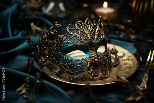 Embrace mystery with a blue masquerade mask, touched by ethereal light, in dark teal and light bronze allure, capturing intense close-ups, nostalgiacore elegance, and pre-raphaelite charm. © Miracle Arts