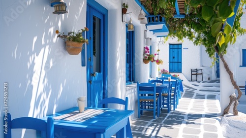 Greek culture with traditional white and blue greek architecture, taverna photo