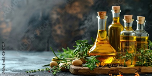 Golden olive oil and vinegar bottles with thyme and aromatic herbs leaves photo
