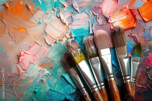 Paint brushes on creative oil abstract paint background.