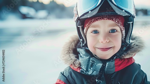 Child with helmet during winter sports activities, skiing or skating