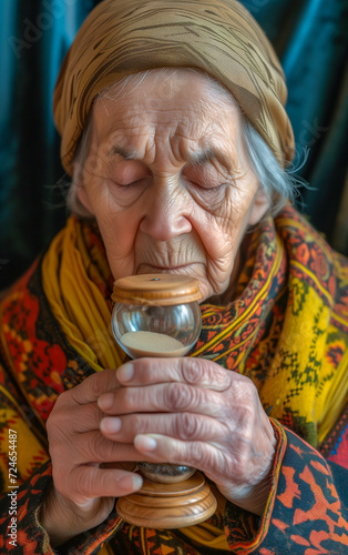 An elderly woman holds an hourglass in her hand, a symbol of time that passes inexorably