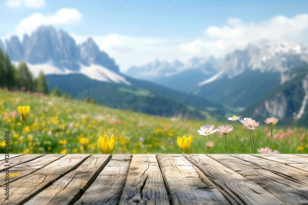 Wooden table top on blurred background of spring color landscape in dolomites - for display your products