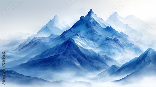 A beautiful fantasy landscape on a white background. Mountains, trees, fog. Watercolor painting. Abstract intricate splashes of paint on a white background. Generative AI. 