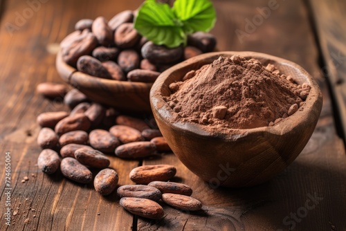 Cocoa beans and powder on wooden backdrop