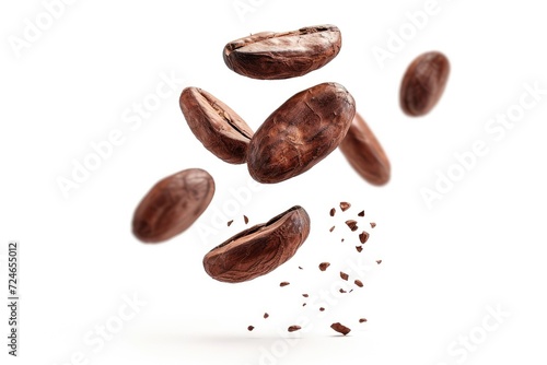 Cocoa beans flying cracked levitating on white background High resolution image showcasing levitation concept