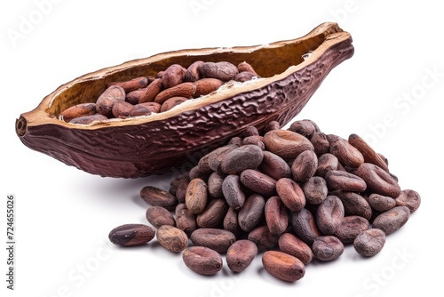 Cocoa beans inside a flawless cocoa pod file has clipping path