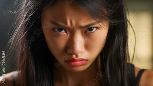 Portrait of angry asian woman. Furious young woman, closeup. 