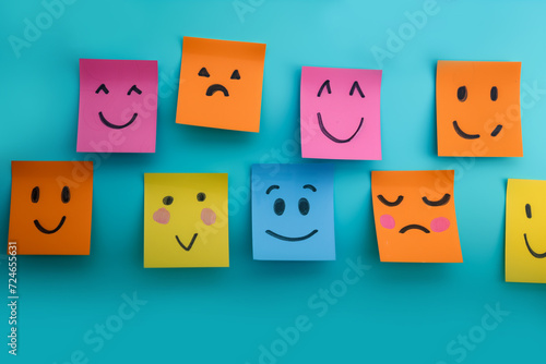 Testimonial rating concept with colorful sticky notes. various mood faces drew on sticky notes, cute abstract hand-drawn emoji drawings on page, Optimism and pessimism emotion concept wallpaper banner