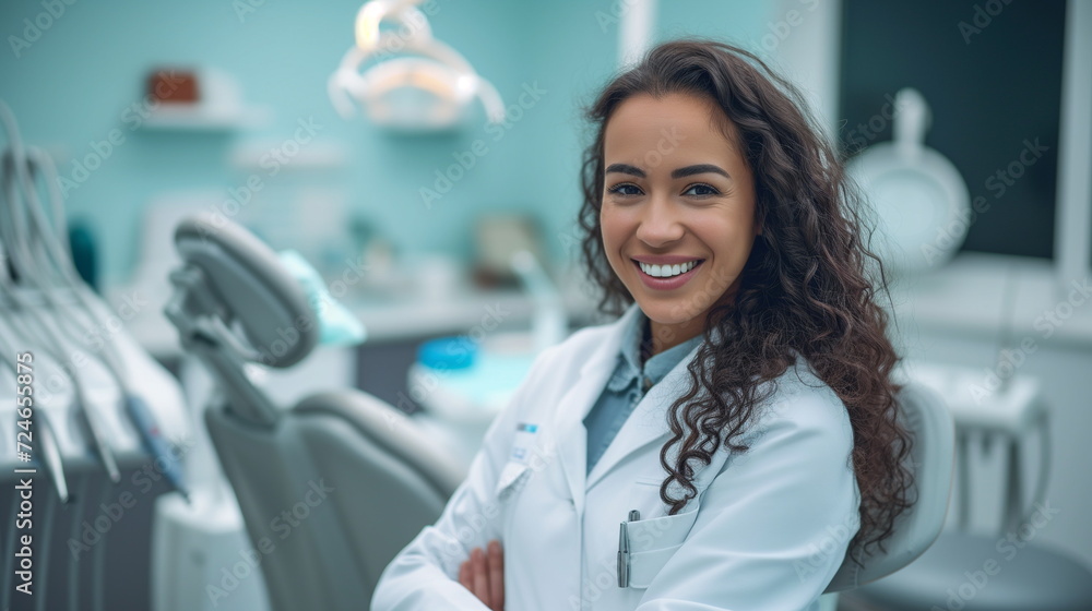 European mid dentist woman smiling in dental clinic