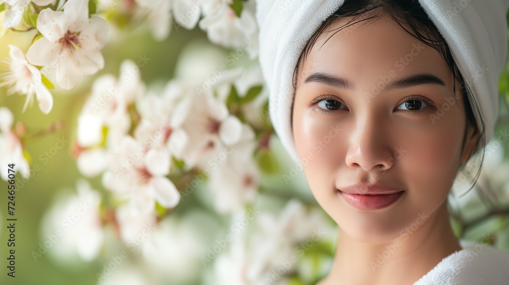 Young serene woman in spa bath towel relaxing after shower bath, taking care of her hair and skin. Beauty treatment, skin and hair home care concept