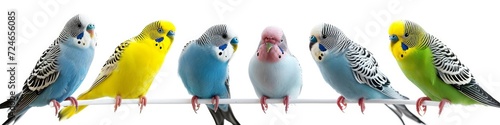Animals pets budgies birds banner panorama long - Collection of cute sitting and flying budgie (melopsittacus undulatus) bird, isolated on white background, Generative AI