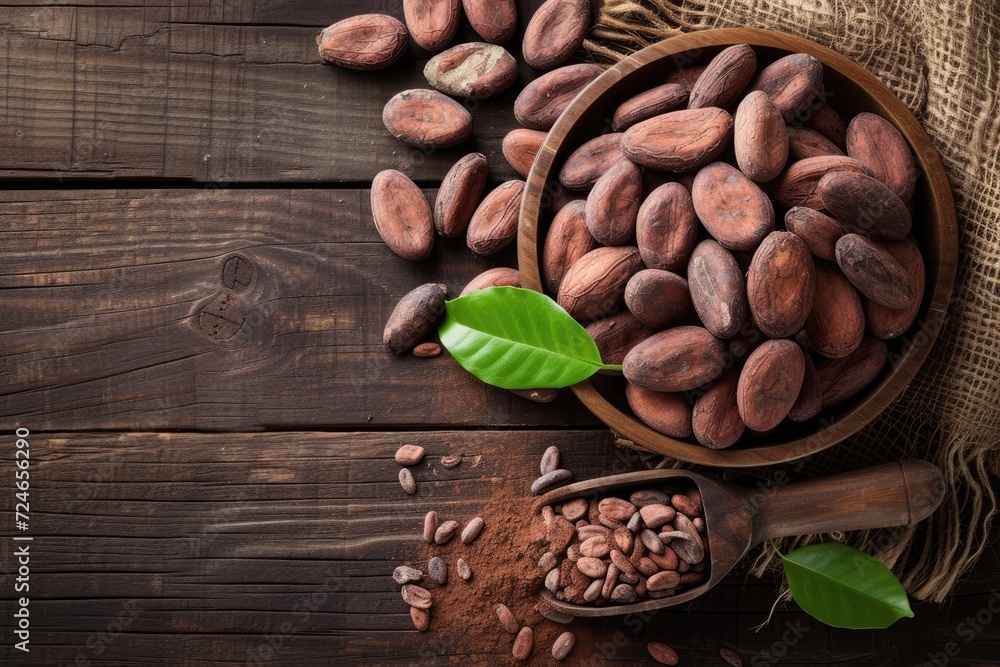 Obraz premium Cocoa seeds and green leaves on a wooden scoop and plate placed on a wooden table