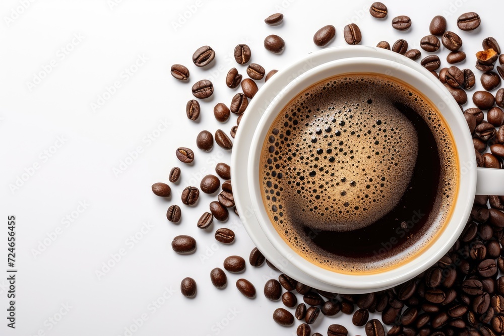 Obraz premium Coffee cup and beans on a white backdrop