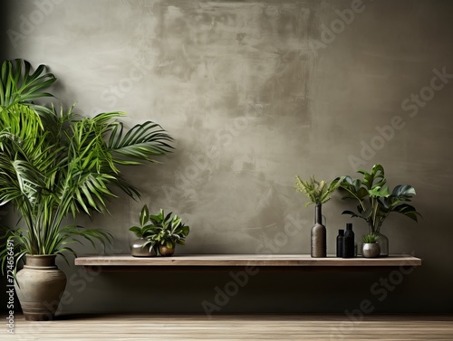 Blank concrete wall in a modern empty room with tropical plant garden