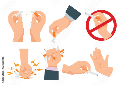 Set of hands saying no to smoking, Person rejecting a bad habit being vocal anti-smoking activist, No smoking hands gesture collection. Reject cigarette offer set collection. Anti tobacco concept. 
