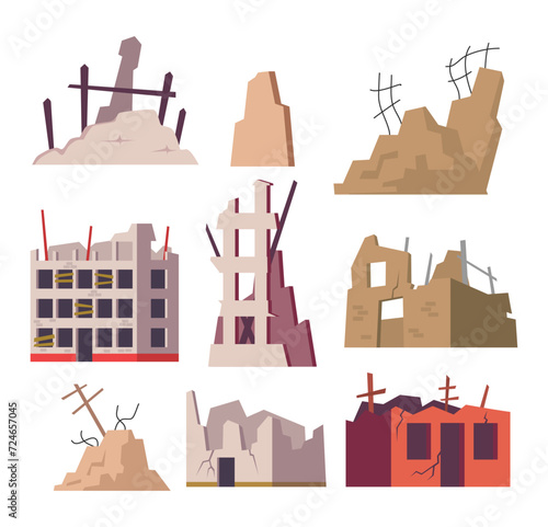 Set of old ruined building collection, abandoned and collapsed city office buildings. Apartment houses damaged war or earthquake. Broken town buildings, Destroyed buildings, collapsed walls and broken