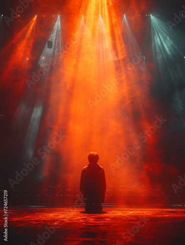 a spotlight on the stage shines on a person