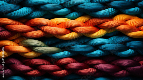 Vividly intertwining ropes create a visually striking narrative, merging with the human canvas in dark teal and light amber, a blend of precisionism and bold color blocks. photo