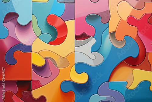 Vibrant jigsaw puzzle art, a masterpiece in abstracted realism, featuring rainbow hues, airbrush techniques, and innovative panel composition mastery. photo