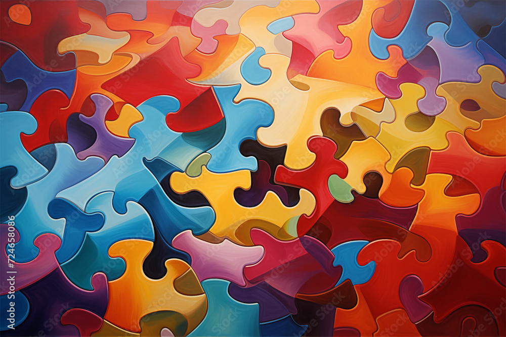 Vibrant jigsaw puzzle art, a masterpiece in abstracted realism, featuring rainbow hues, airbrush techniques, and innovative panel composition mastery.