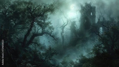 Forest full of darkness with mysterious ancient ruins in the fog