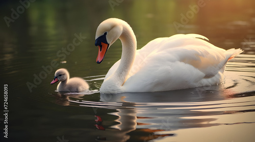 duck and his beautiful child in the water