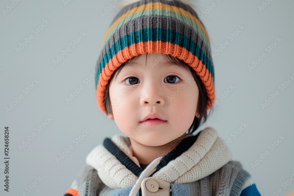 A photo of a young Asian man wearing a colorful hat in front of a light gray background. Asia, China, Thailand, Korea, Japan. Asian culture A photo of a young Asian man wearing a colorful hat in front of a light gray background. Asia, China, Thailand, Korea, Japan. Asian culture