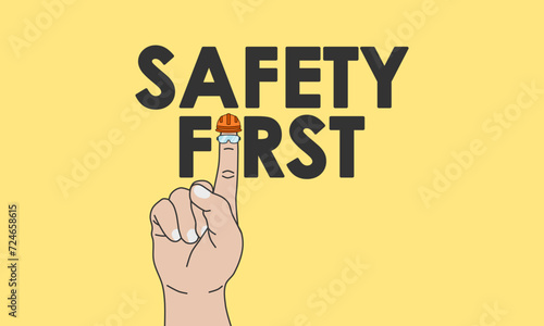 Safety first concept. Right hand with pointing finger and safety helmet and glasses. Vector illustration.