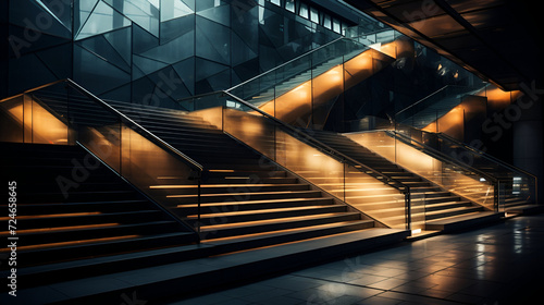 Stairs in a subway station, Dramatic lighting guides the way on mall stairs
