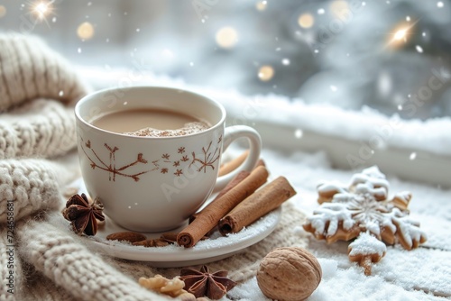 Cozy atmosphere with tea or coffee warm sweaters cinnamon sticks nuts and frosty window Christmas and New Year holiday vibes in snowy weather