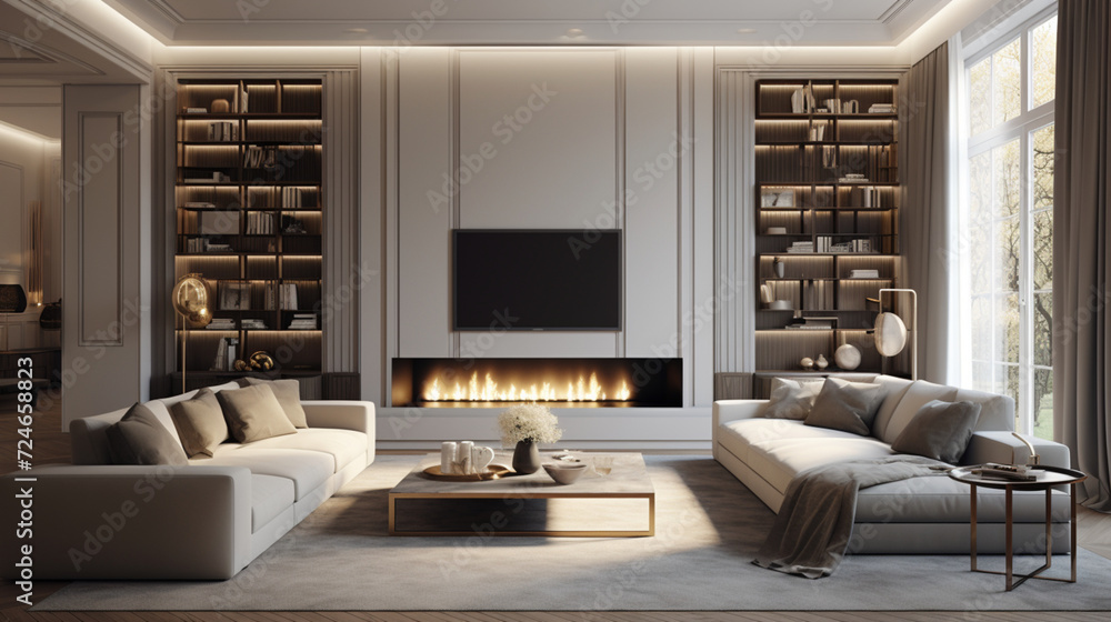 A large spacious living room in a modern style. Interior with a large gray sofa, coffee table, big windows, fireplace in front of the sofa in stylish home decor A large spacious living room in a modern style. Interior with a large gray sofa, coffee table, big windows, fireplace in front of the sofa in stylish home decor