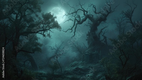 Forest full of darkness with mysterious ancient ruins in the fog
