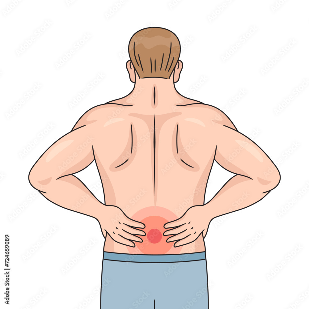 Fototapeta premium Low back pain in back of man diagram hand drawn schematic vector illustration. Medical science educational illustration