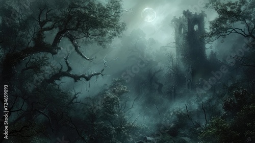 Forest full of darkness with mysterious ancient ruins in the fog photo
