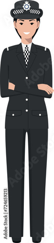 Standing British Policewoman Officer in Traditional Uniform Character Icon in Flat Style. Vector Illustration.