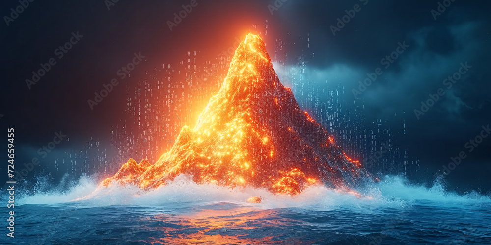 Glowing mountain amidst a dark, snowy landscape, illuminated by vibrant, fiery lights