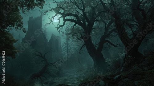 Forest full of darkness with mysterious ancient ruins in the fog
