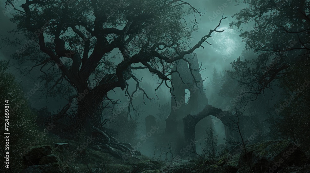 Forest full of darkness with mysterious ancient ruins in the fog - obrazy, fototapety, plakaty 