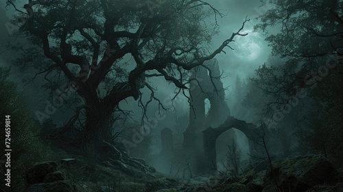 Forest full of darkness with mysterious ancient ruins in the fog photo