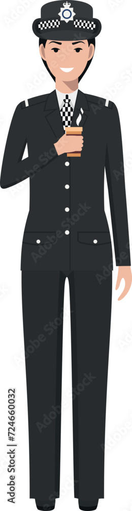 Standing British Policewoman Officer with Cup of Coffee in Traditional Uniform Character Icon in Flat Style. Vector Illustration. Standing British Policewoman Officer with Cup of Coffee in Traditional Uniform Character Icon in Flat Style. Vector Illustration.