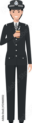 Standing British Policewoman Officer with Cup of Coffee in Traditional Uniform Character Icon in Flat Style. Vector Illustration.
