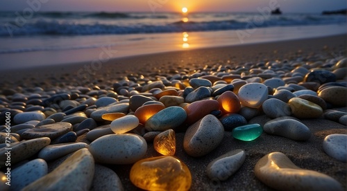 beautiful beach colored stones in the beach side with waves at the night, phosphorus stones, colored beach stones background