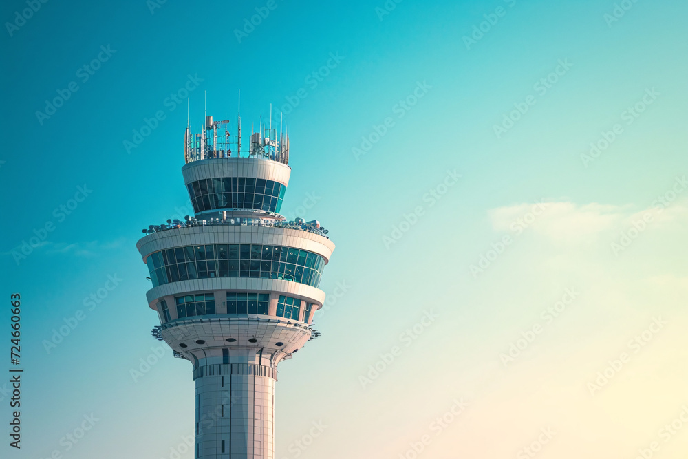 Control tower of an airport with blue skies in the background
