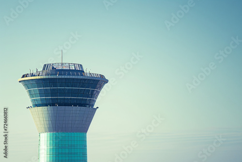 Air traffic control tower against a clear blue sky photo