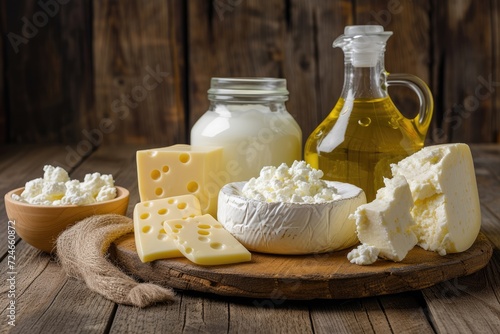 Dairy and oil on wooden surface food fats