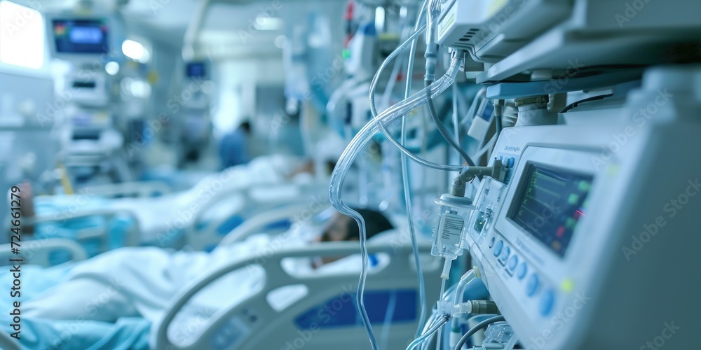Imagery showing ventilators and life support machines aiding patients' breathing in the ICU Imagery showing ventilators and life support machines aiding patients' breathing in the ICU