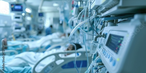 Imagery showing ventilators and life support machines aiding patients' breathing in the ICU photo